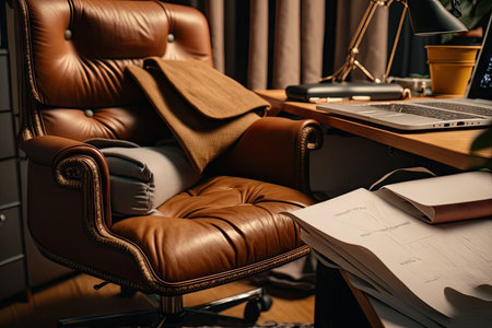 a brown leather chair in an office, with a laptop and papers on the armrests, created with generative aiの素材