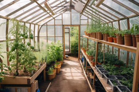 greenhouse, with plants and produce growing inside, created with generative aiの素材