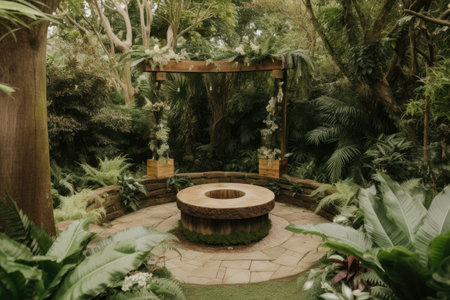 round podium surrounded by lush greenery, perfect for a garden wedding, created with generative aiの素材