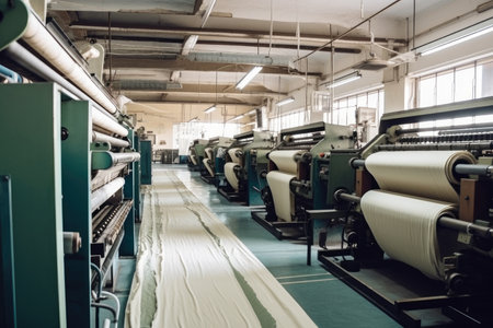 textile factory, with machines whirring and buzzing, producing high-quality textiles, created with generative aiの素材