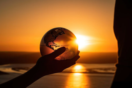 person, holding globe in sunrise, with view of sun shining on the horizon, created with generative aiの素材