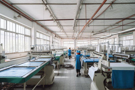 textile factory, with workers operating machines and producing finished goods, created with generative aiの素材