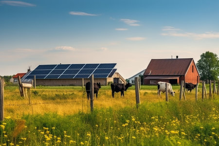 sustainable farm with solar panels and wind turbines, producing clean energy, created with generative aiの素材