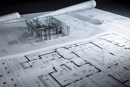 series of architectural blueprints, showing the progress and development of a building project, created with generative aiの素材
