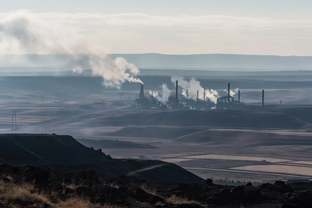 coalfields stretching across the horizon with smoke billowing from the stacks of mining operations, created with generative aiの素材