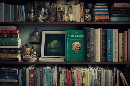 a bookshelf overflowing with novels, biographies, and cookbooks, created with generative aiの素材
