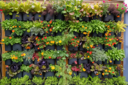 vertical garden filled with herbs, fruits, and vegetables, created with generative aiの素材