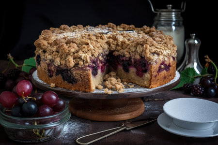 decadent fruit cake with layers of rich, creamy filling and crunchy crumble topping, created with generative aiの素材