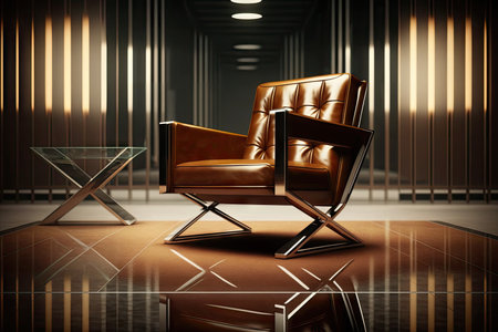 a brown leather chair in a modern office, surrounded by chrome and glass, created with generative aiの素材
