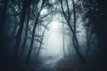 foggy forest at night, with the moonlight shining through the trees, created with generative aiの素材