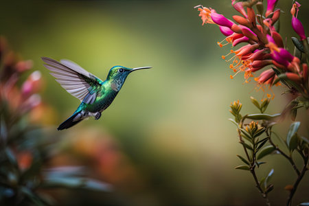 hummingbird hovering over flowering plant forest landscape, created with generative aiの素材