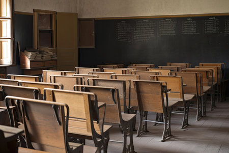 empty wooden row lecture chairs in a classroom with the blackboard on the wall and students books on their desks, created with generative aiの素材