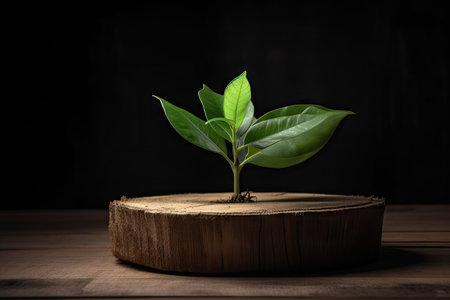 fresh green leaves sprouting from a round wooden podium, created with generative aiの素材