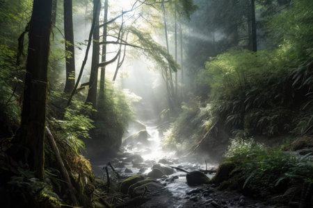 forest with waterfall, mist and natural light filtering through the trees, created with generative aiの素材