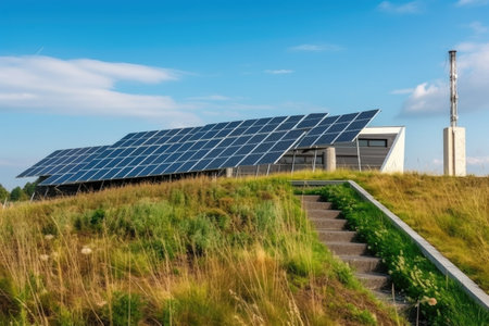 green roof of solar panels and wind turbines on a sustainable building, created with generative aiの素材