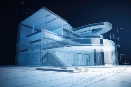 architectural blueprint of futuristic house, with advanced technologies and modern design, created with generative aiの素材