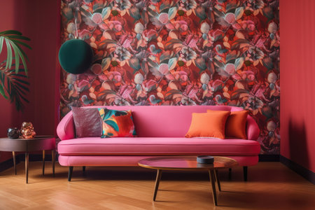 a room with asymmetrical and balanced design, featuring a tonally-styled sofa against a backdrop of vibrant wallpaper, created with generative aiの素材