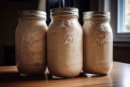 sourdough starter, thriving in jar with room for growth, created with generative aiの素材