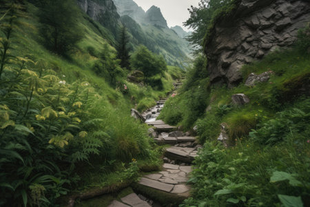 mountain trail with winding path and hidden waterfalls, surrounded by lush greenery, created with generative aiの素材