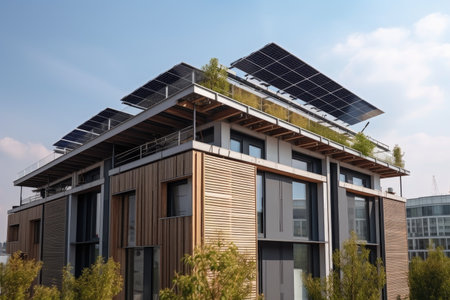 sustainable building, with solar panels and wind turbines on the roof, providing energy for the building, created with generative aiの素材