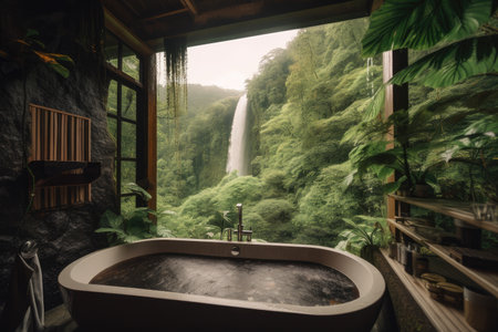 forest bath with view of towering waterfall, surrounded by greenery, created with generative aiの素材