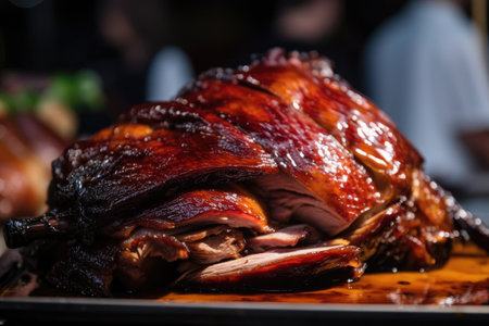 close-up of fried duck, with its crispy skin and juicy meat on full display, created with generative aiの素材