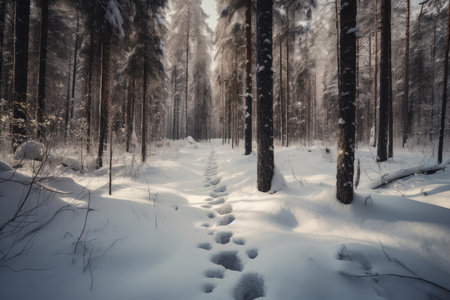 snow-covered forest, with footprints leading the way, created with generative aiの素材