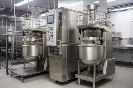 baking equipment on an industrial scale, with towering ovens and mixers, created with generative aiの素材