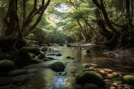 forest , with crystal-clear stream flowing through the scene, created with generative aiの素材