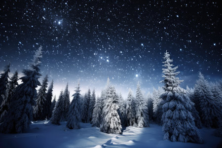 winter wonderland, with the crisp white of snow and twinkling of stars visible in the night sky, created with generative aiの素材