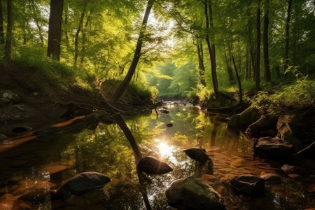 forest with stream and reflection in the sunlight, created with generative aiの素材