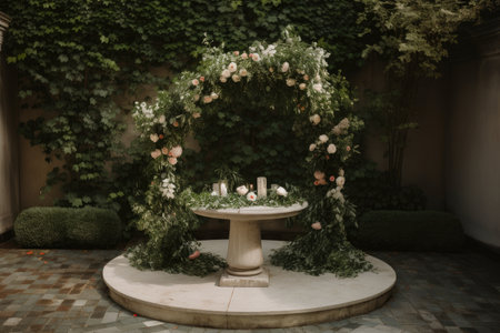 a simple round podium with a garden of greenery and blooms, created with generative aiの素材