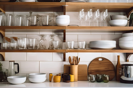 a well-organized kitchen, with plates and glasses neatly arranged on the shelves, created with generative aiの素材