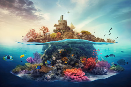 surreal float island surrounded by underwater landscape, with colorful fish and coral, created with generative aiの素材