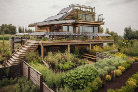 sustainable house with solar panels and vegetable garden on the roof, created with generative aiの素材