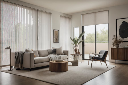 a sitting room with automated blinds, vertical shades, and roller shades to let in natural light, created with generative aiの素材