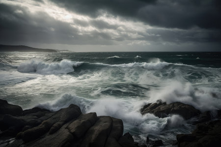 seascape with dramatic stormy skies and crashing waves, created with generative aiの素材