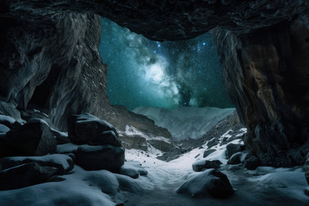 frozen cavern, with view of the night sky, and stars twinkling overhead, created with generative aiの素材
