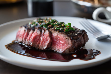 beautifully presented sous-vide steak, topped with charred scallions and garlic balsamic sauce, created with generative aiの素材