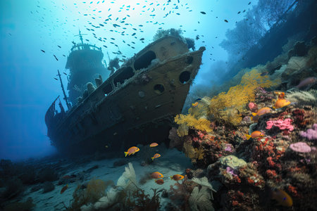 submersible passes by towering coral reef, with fish swimming among colorful plants and flowers, created with generative aiの素材