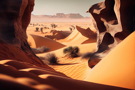 close-up of the sand dunes and rocks in the desert, with oasis visible in the distance, created with generative aiの素材