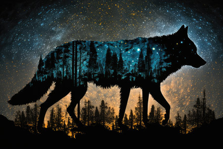 double exposure of wolf prowling through forest, with view of the night sky visible above, created with generative aiの素材