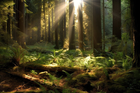 forest, with shimmering sunlight filtering through the trees and onto the forest floor, created with generative aiの素材