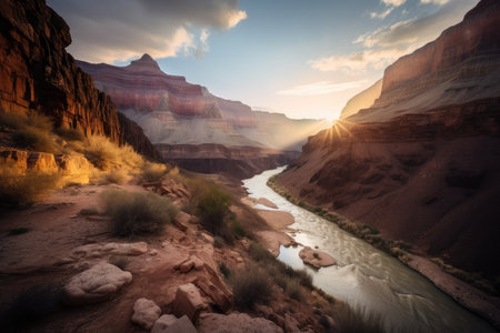 majestic canyon, with towering cliffs and a winding river, during the sunset, created with generative aiの素材