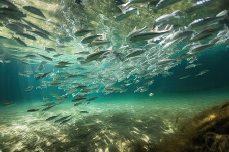 school of fish swimming in crystal-clear freshwater, created with generative aiの素材