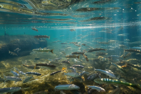 close-up of a freshwater ecosystem, with schools of fish swimming in crystal clear water, created with generative aiの素材