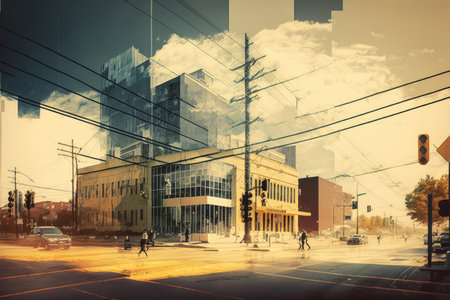 street scene, with double exposure of busy intersection and energy industry building, created with generative aiの素材