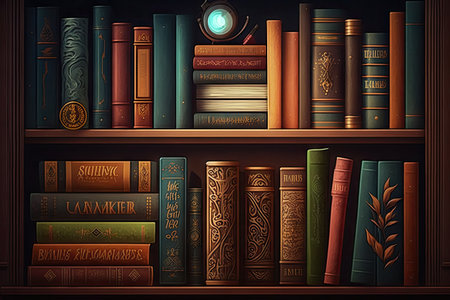 bookshelf overflowing with books, including some classics and bestsellers, created with generative aiの素材