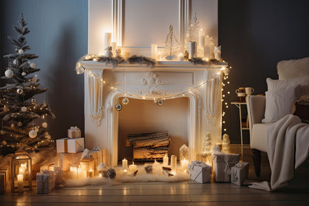 a whimsical fireplace with holiday lights, ornaments, and miniature gifts, created with generative aiの素材