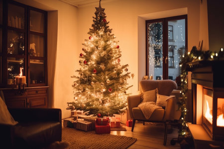 christmas tree, with presents beneath the twinkling lights, in cozy living room, created with generative aiの素材